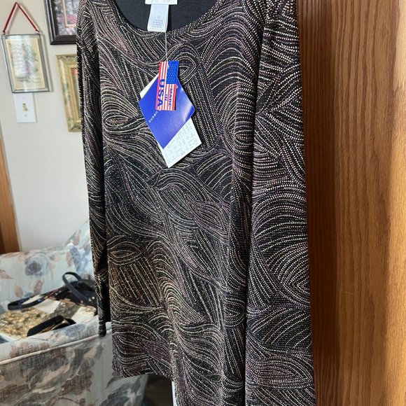 SUSAN GRAVER 1X brown beige copper METTALIC THREAD long sleeve BLOUSE NEW - Picture 3 of 4